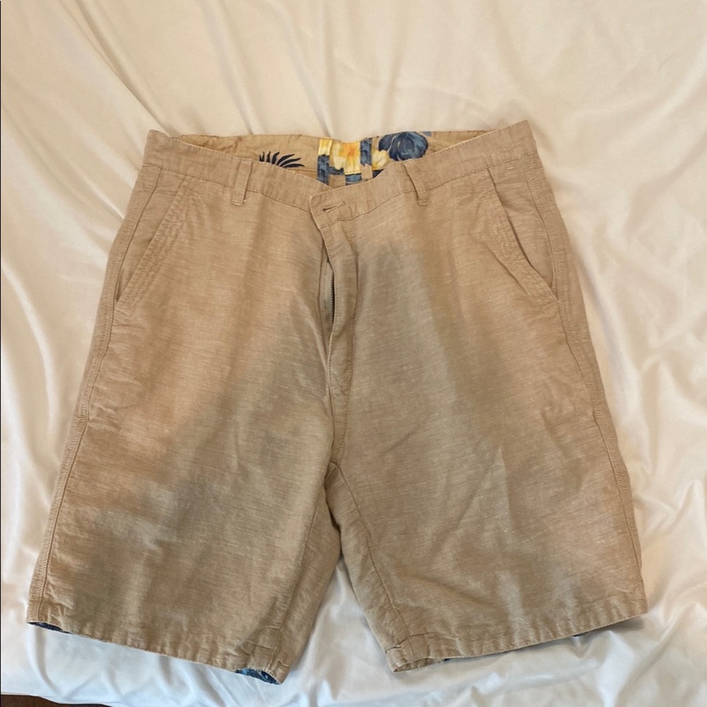 Reversible Linen Blend Khaki Flat Front Shorts
